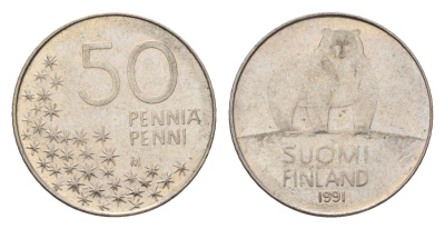 Финляндия 50 пенни 1991 M, полярный медведь KM 66 медно-никель 4702-442