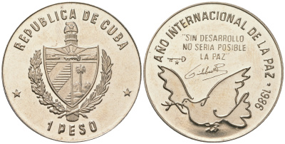 Куба 1 песо 1986 международный год мира KM 156 медно-никель PROOF 4165-633