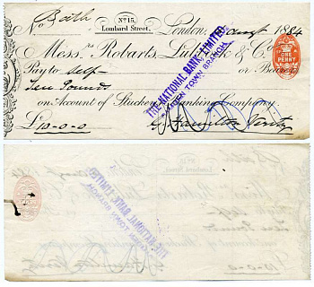 АНГЛИЯ ЧЕК НА 10 ФУНТОВ 1884 ВЫПИСАН 16 АПРЕЛЯ 1884, MISS ROBARTS LUBBOCK & Co бумага 6262-20-3-2