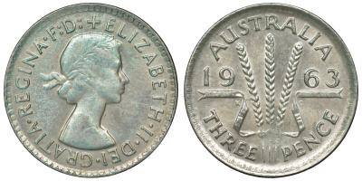 Австралия 3 пенса 1963 m, Елизавета II (1952-2022) KM 57 серебро 71-857