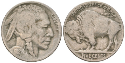США 5 центов 1927 D, индеец, бизон KM 134 медно-никель 4614-1131