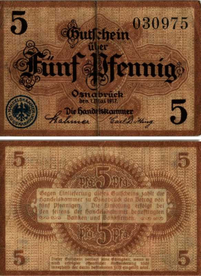 ОСНАБРЮК 5 ПФЕННИГОВ 1917 1 МАЯ 1917, НОТГЕЛЬД, ЗЕМЛЯ НИЖНЯЯ САКСОНИЯ Keller О26.1а бумага 6318-9-1-1
