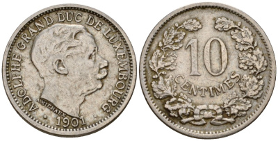 Люксембург 10 сантимов 1901 Адольф (1890-1905) KM 25 медно-никель 4602-456