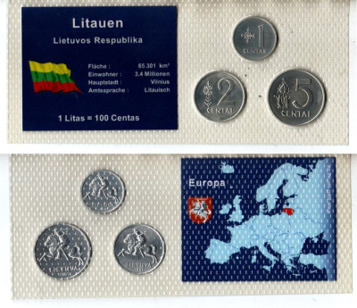 Литва набор из 3 монет (1, 2 и 5 центов) 1991 в красочной упаковке с информацией о стране KM 85, 86 и 87 алюминий UNC 5-4-1-113