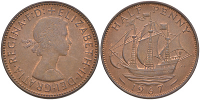 Великобритания 1/2 пенни 1967 Елизавета II (1952-2022) KM 896, Spink 4158 бронза 4561-537