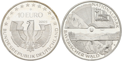 ФРГ 10 евро 2005 D, национальный парк, баварский лес KM 241, DE.S. 10.19 серебро PROOF 1076-3-44