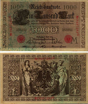 ГЕРМАНИЯ 1000 МАРОК 1910 21 АПРЕЛЯ 1910, КРАСНАЯ ПЕЧАТЬ, 7 ЦИФР В НОМЕРЕ Pick 44b бумага 7191-57-1