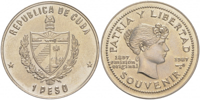 Куба 1 песо 1987 90 лет "сувенирного" песо KM 165 медно-никель UNC 1526-835 M36-3