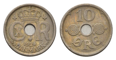 Дания 10 эре 1924 NCH, Кристиан X (1912-1947) KM 822 медно-никель 4701-924