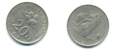 Малайзия 20 сенов 1998 цветок KM 52 медно-никель 3999-637