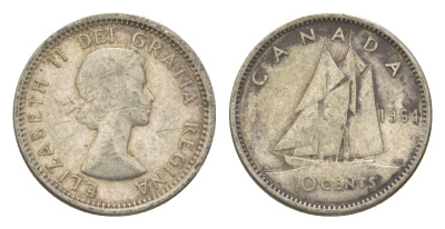 Канада 10 центов 1964 Елизавета II (1952-2022), парусник KM 51 серебро 4623-939