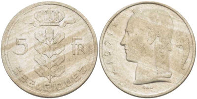 БЕЛЬГИЯ 5 ФРАНКОВ 1971 BELGIQUE, БОДУЭН I (1951-1993) KM 134.1 медно-никель 3999-655