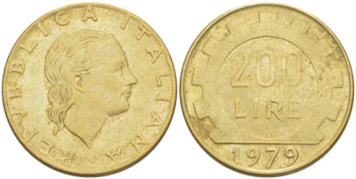 Италия 200 лир 1979 R, шестерня KM 105 алюминиевая бронза 4523-826