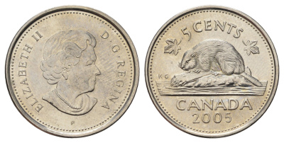 Канада 5 центов 2005 P, Елизавета II (1952-2022), бобр KM 491 сталь плакированная никелем UNC 4689-457