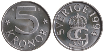 Швеция 5 крон 1994 B, Карл XVI Густав (1973- ) KM 853a медно-никель PROOFLIKE 4683-1016