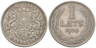 Латвия 1 лат 1924 Первая республика (1918-1939) KM 7 серебро4561-1246