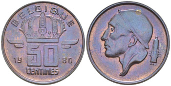 БЕЛЬГИЯ 50 САНТИМОВ 1980 BELGIQUE, БОДУЭН I (1951-1993) KM 148.1 бронза 214-467