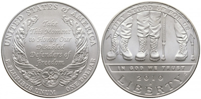 США 1 доллар 2010 W, американские ветераны-инвалиды KM 479 серебро UNC 02-262-41