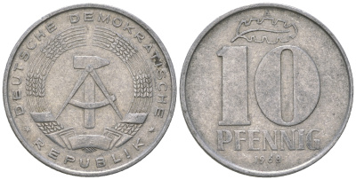 ГДР 10 пфеннигов 1968 A KM 10 алюминий 3459-614