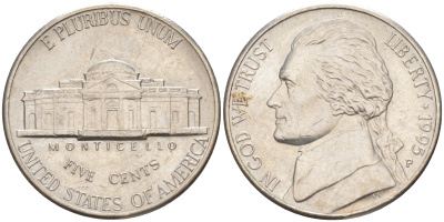 США 5 ЦЕНТОВ 1995 P, ДЖЕФФЕРСОН KM A192 медно-никель 4114-1116