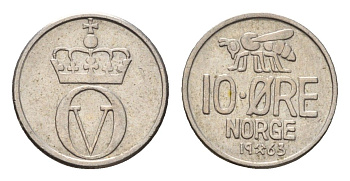 Норвегия 10 эре 1963 Улаф V (1957-1991) KM 412 медно-никель aUNC 4702-541