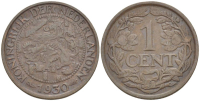 НИДЕРЛАНДЫ 1 ЦЕНТ 1930 ВИЛЬГЕЛЬМИНА I (1891-1948) KM 152 бронза 4532-959