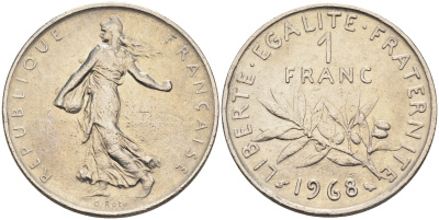 Франция 1 франк 1968 сеятель KM 925.1 никель    4177-251