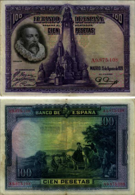 Испания 100 песет 1928 Мигель де Сервантес Сааведра, памятник Сервантесу, картина Дон Кихот Pick 76 а бумага 2192-81-2-2