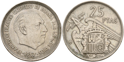 Испания 25 песет 1957 (69) Франциско Франко (1939-1975) KM 787 медно-никель    4601-1024