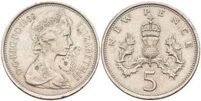 Великобритания 5 пенсов 1969 Елизавета II (1952-2022) KM 911, Spink 4233 (D1) медно-никель    4150-425