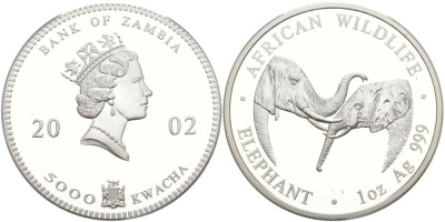 Замбия 5000 квача 2002 Африканские слоны KM 142 серебро PROOF 1091-4-11