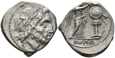 Римская Республика викториат 211 - 208 гг. до н.э. анонимный выпуск, голова Юпитера / Виктория, возлагающая венок на трофей, монетный двор на Сицилии, EXTREMELY FINE, 3,26 гр Cr. 70/1 серебро 1073-10-84