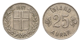 Исландия 25 эйре 1957 KM 11 медно-никель 4696-327