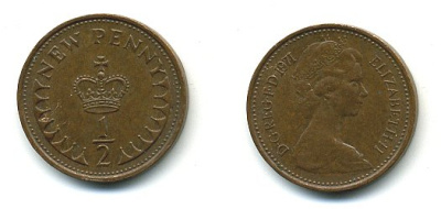Великобритания 1/2 пенни 1971 Елизавета II (1952-2022) КМ 914, Spink 4239 бронза 4110-1626