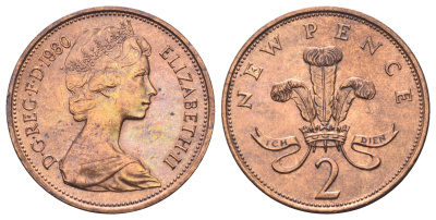Великобритания 2 пенса 1980 Елизавета II (1952-2022) KM 916, Spink 4235 (C1) бронза aUNC 4698-1014