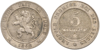 БЕЛЬГИЯ 5 САНТИМОВ 1862 BELGES KM 21 медно-никель 187-936