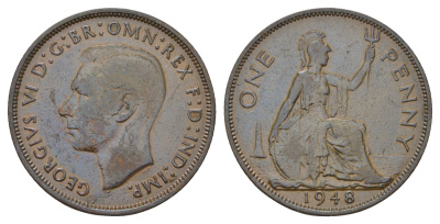 Великобритания 1 пенни 1948 Георг VI (1936-1952) КМ 845, Spink 4114 бронза 4111-626
