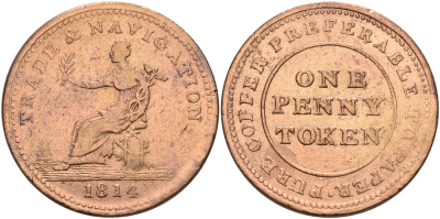 Канада 1 пенни 1814 Trade & navigation, токен  медь    4599-514