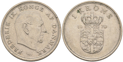 ДАНИЯ 1 КРОНА 1970 C; S, ФРЕДЕРИК IX (1947-1972) KM 851.1 медно-никель 4566-547