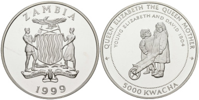 Замбия 5000 квача 1999 серия королева Елизавета - королева мать, маленькая Елизавета и Дэвид KM 92 серебро PROOF 1095-10-63