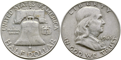 США 1/2 ДОЛЛАРА ( 50 ЦЕНТОВ ) 1963 D, ФРАНКЛИН, КОЛОКОЛ KM 199 серебро 00-00