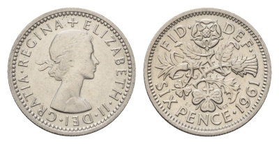 Великобритания 6 пенсов 1961 Елизавета II (1952-2022) KM 903, Spink 4149 медно-никель 4651-1164