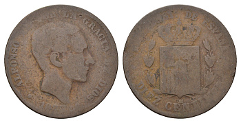 Испания 10 сентимо 1877 OM, Альфонсо XII (1874-1885) KM 675 бронза 4692-846