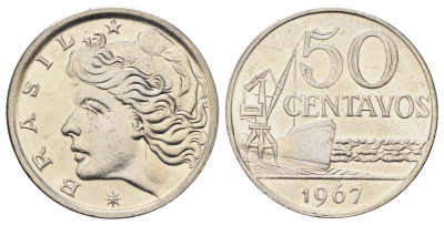 Бразилия 50 сентаво 1967 год-тип KM 580 никель UNC 4646-833
