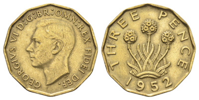 Великобритания 3 пенса 1952 Георг VI (1936-1952) KM 873, Spink 4113 никель латунь 4698-1021