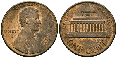 США 1 цент 1986 D, Линкольн KM 201b цинк плакированный медью 4136-317