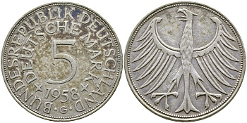 ФРГ 5 марок 1958 G, KM 112.1, J. 387 серебро 4680-133
