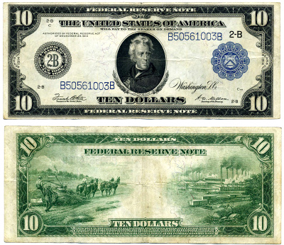 США 10 долларов 1914 серебряный сертификат, Президент Эндрю Джексон, Буква В (Нью-Йорк), подписи WHITE & MELLON, голубая серия Pick 360bB (4-2)  бумага  000-00-00