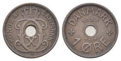 Дания 1 эре 1927 NCH, Кристиан X (1912-1947) KM 826 бронза 4701-551