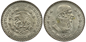 Мексика 1 песо 1957 Хосе Мария Морелос KM 459 серебро 107-624